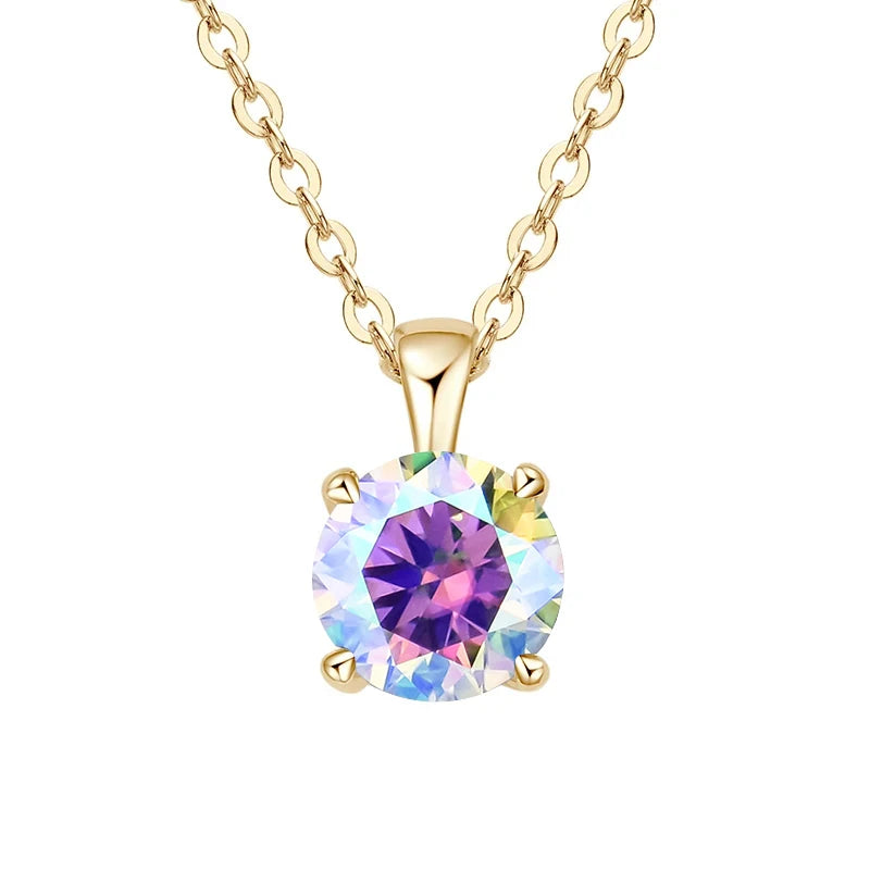 Gold-plated sterling silver necklace with a 1-carat pink moissanite pendant, round cut, for women. Affordable diamond alternative.