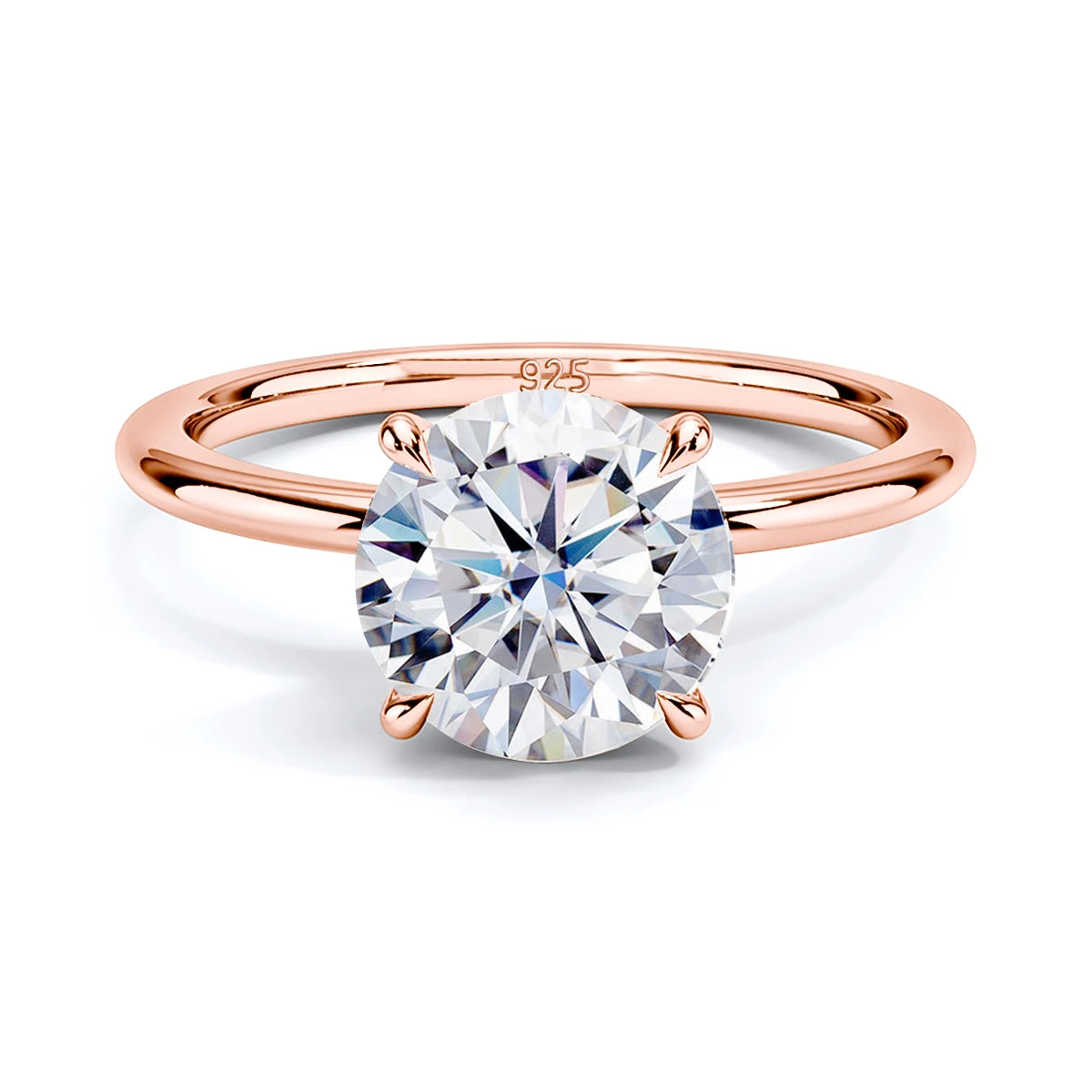 Elegant round cut Moissanite engagement ring in rose gold plated sterling silver