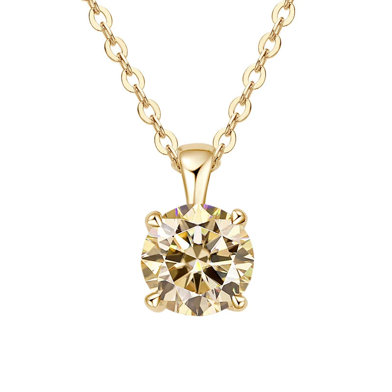 Gold-plated sterling silver necklace with a 1-carat yellow moissanite pendant, round cut, for women.