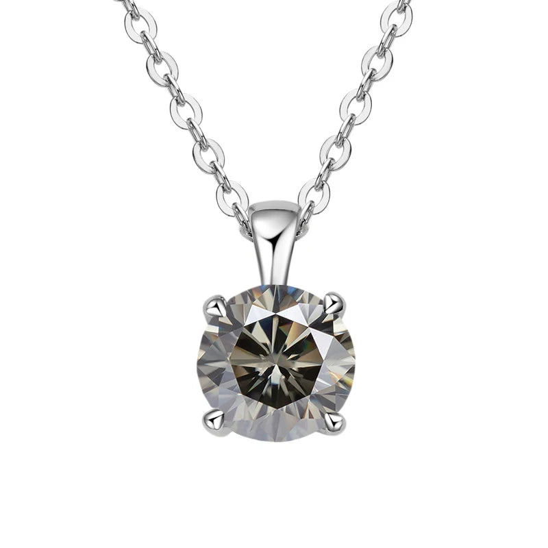 White gold-plated sterling silver necklace with a 1-carat gray moissanite pendant, round cut, for women.