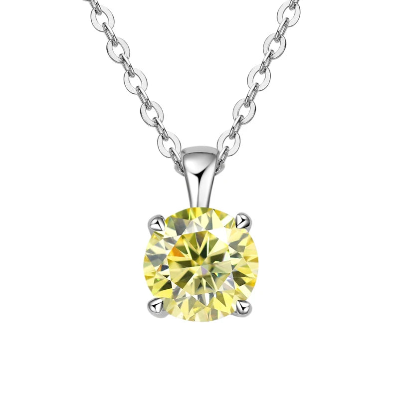 White gold-plated sterling silver necklace with a 1-carat yellow moissanite pendant, round cut, for women.