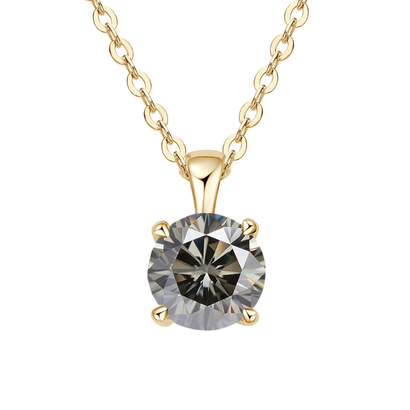 Gold-plated sterling silver necklace with a 1-carat grey moissanite pendant, round cut, for women. Affordable diamond alternative.