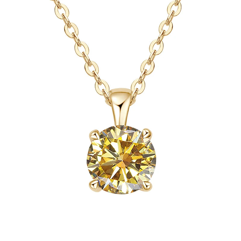 Gold-plated sterling silver necklace with a 1-carat amber moissanite pendant, round cut, for women.