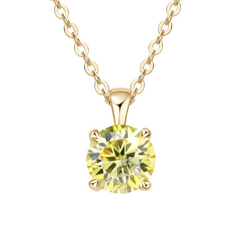 Gold-plated sterling silver necklace with a 1-carat 100 facet yellow moissanite pendant, round cut, for women.