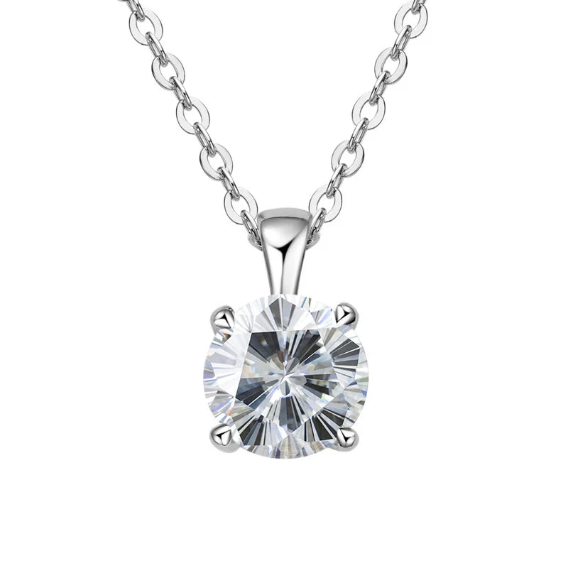 White gold-plated sterling silver necklace with a 1-carat diamond moissanite pendant, round cut, for women.