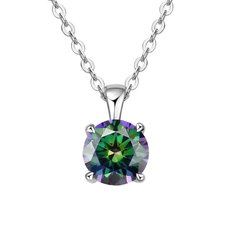 White gold-plated sterling silver necklace with a 1-carat purple-green moissanite pendant, round cut, for women.