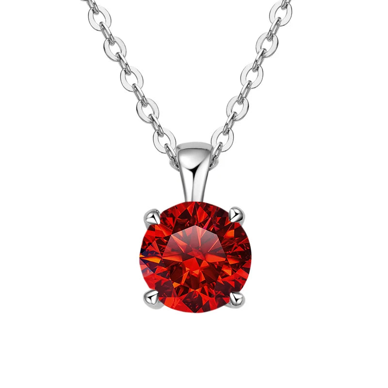 White gold-plated sterling silver necklace with a 1-carat ruby red moissanite pendant, round cut, for women.