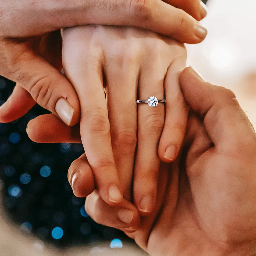 Elegant round cut Moissanite engagement ring in gold plated sterling silver romantic prong style