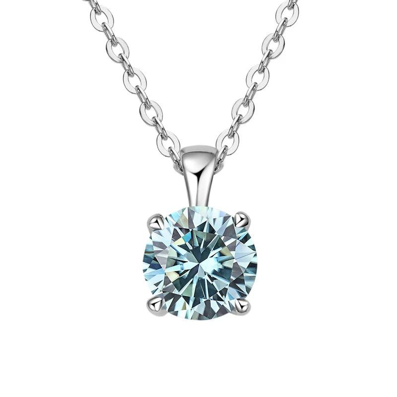 White gold-plated sterling silver necklace with a 1-carat light blue moissanite pendant, round cut, for women.