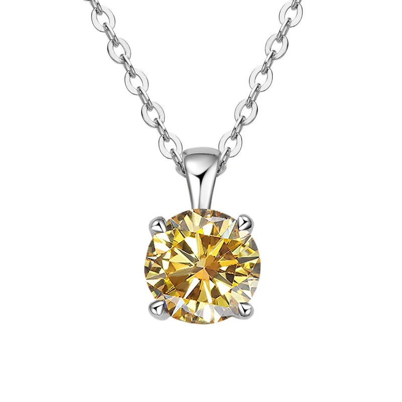 White gold-plated sterling silver necklace with a 1-carat amber yellow moissanite pendant, round cut, for women.