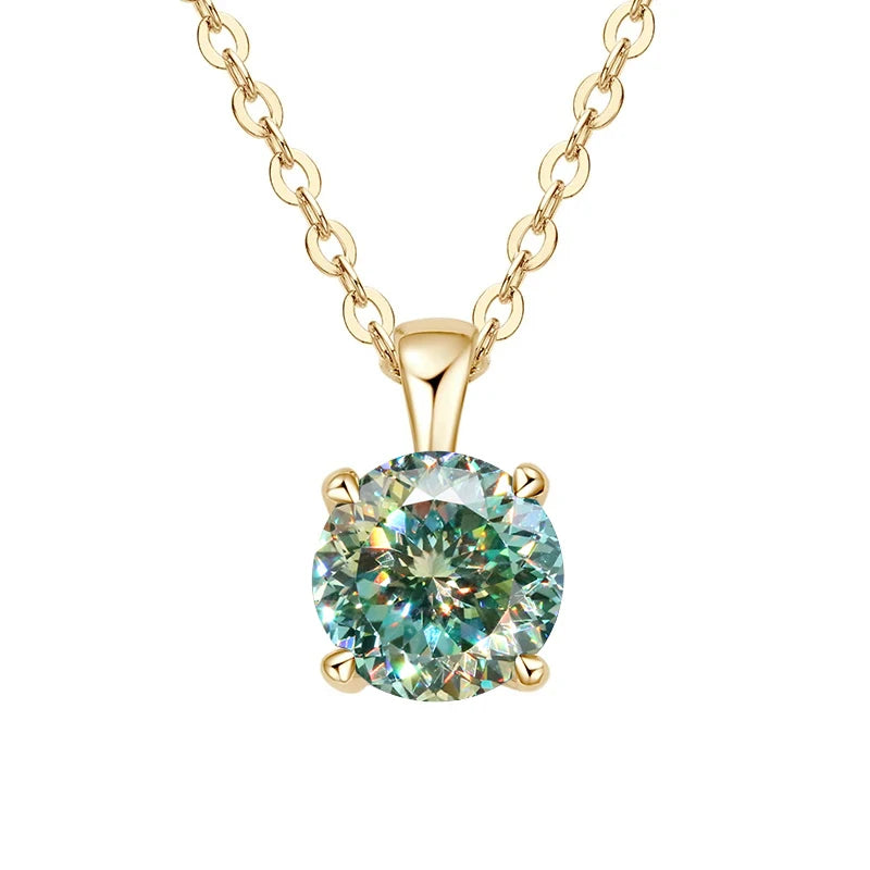 Gold-plated sterling silver necklace with a 1-carat 100 facet green moissanite pendant, round cut, for women.